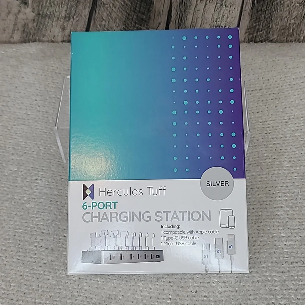 Hercules Tuff Charging Station for Multiple Devices, with 6 USB Ports Silver NWT